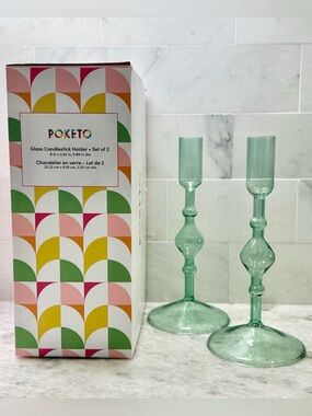 New Poketo Set of 2 Green Glass Taper Candle Candlestick Holders w/ Box - 8”